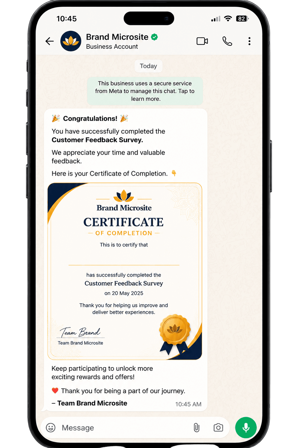 Campaign reward confirmation on WhatsApp