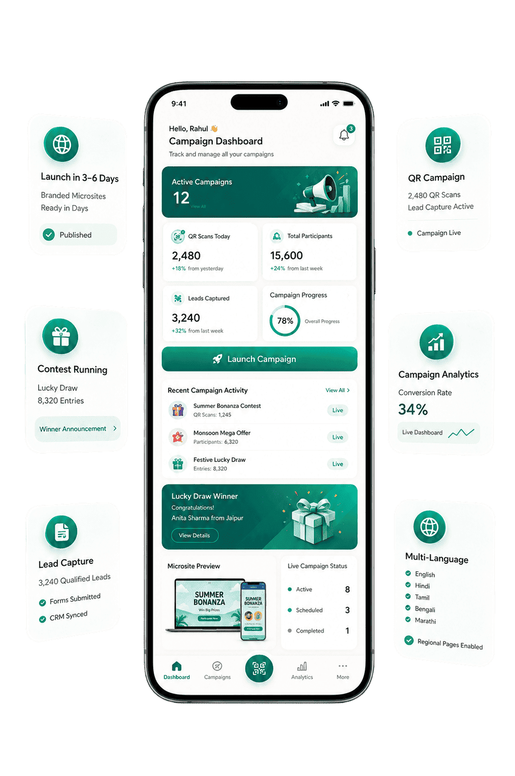 Campaign microsite platform for QR campaigns, lead capture and activations