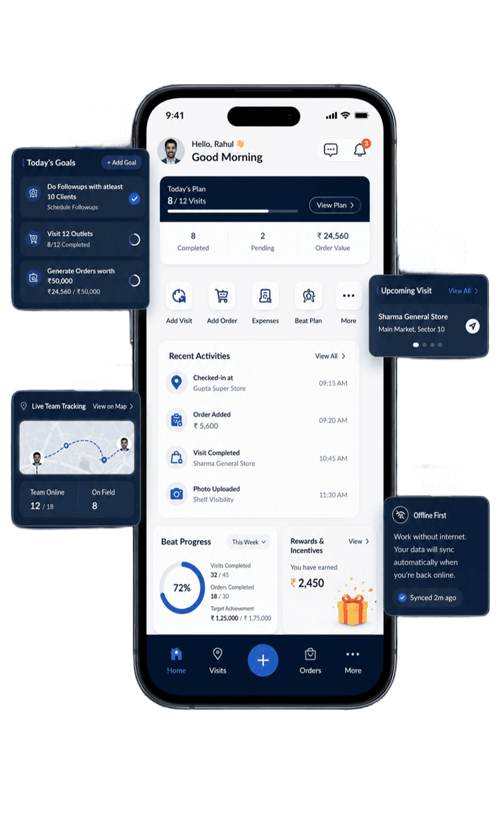 Field sales automation app showing GPS attendance, route planning and outlet visit