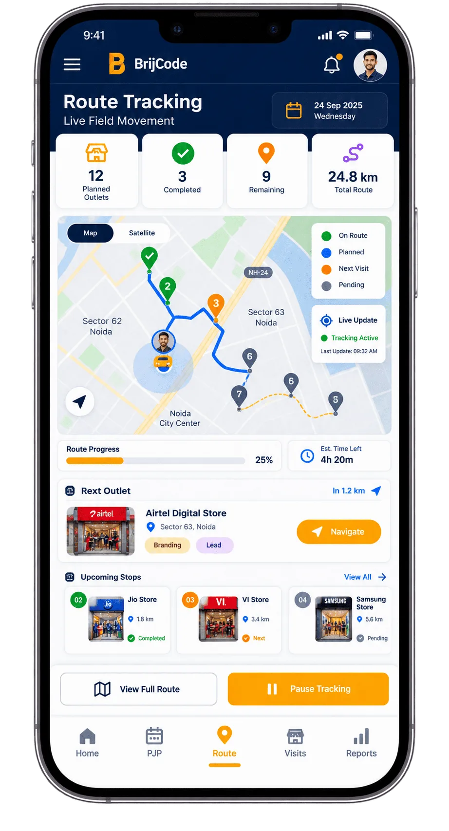 Telecom field force GPS route tracking screen