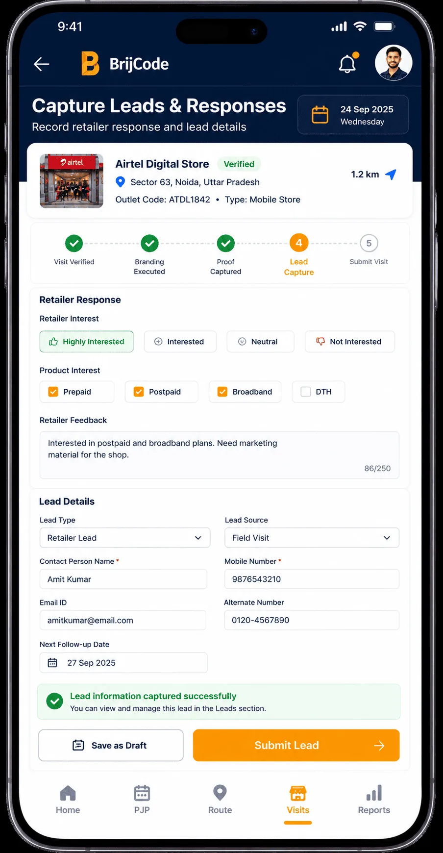 Telecom field sales lead capture app screen