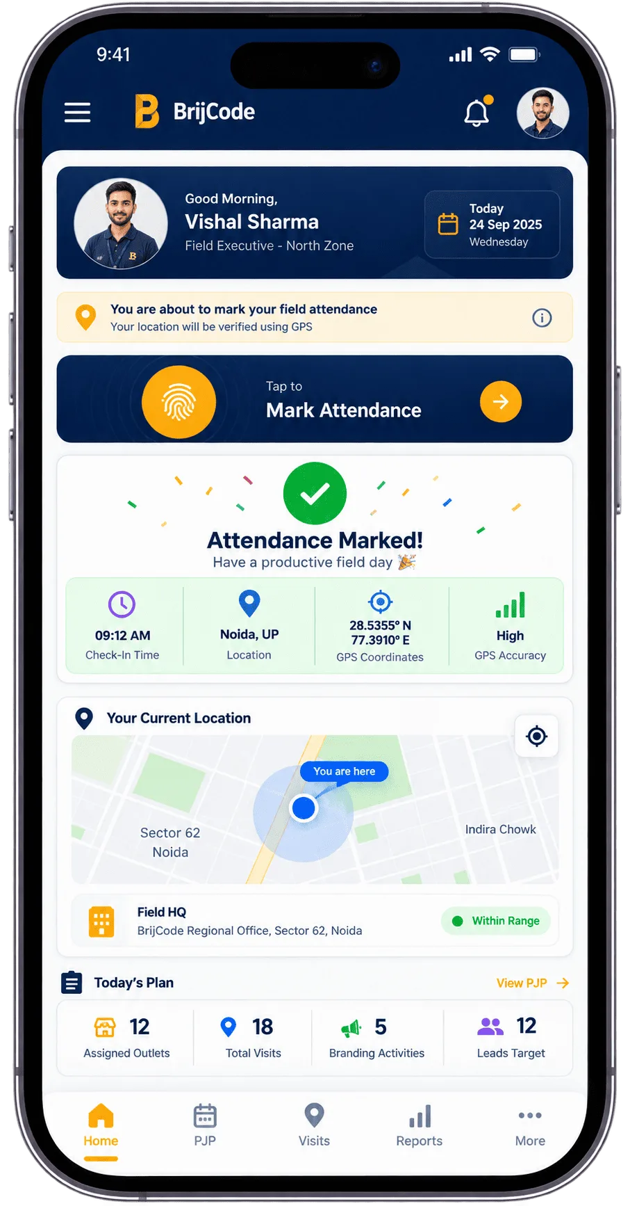 Telecom field sales app GPS attendance screen
