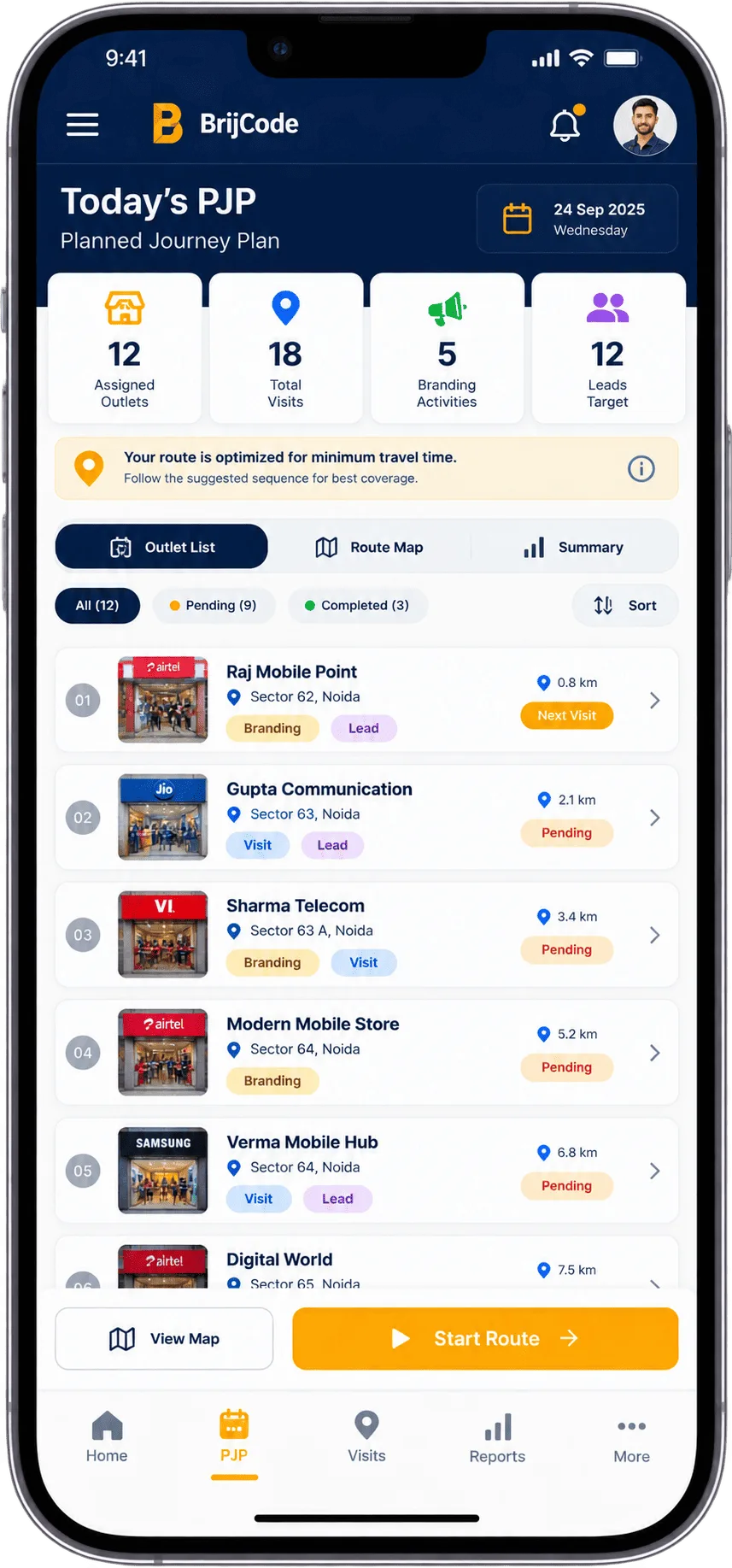 Telecom field sales app daily PJP planning screen