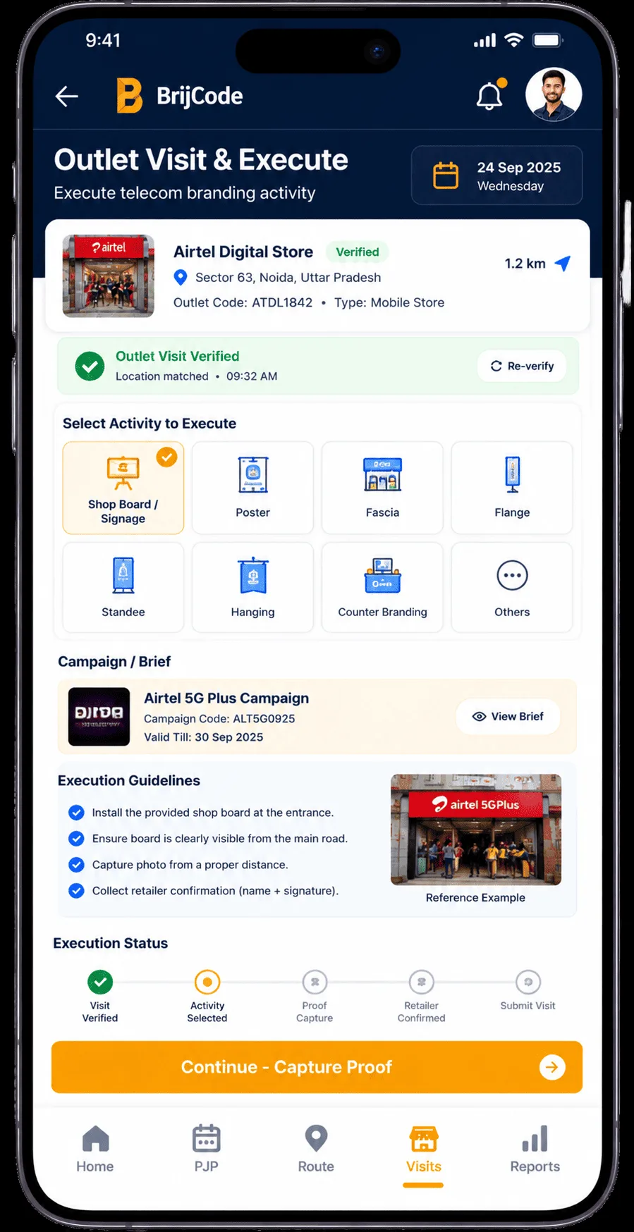 Telecom outlet visit and retail branding execution app screen
